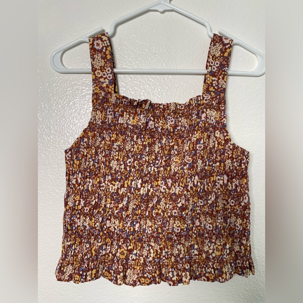Everlane Floral Smocked Tank Top in Brown and Yellow - Picture 2 of 8